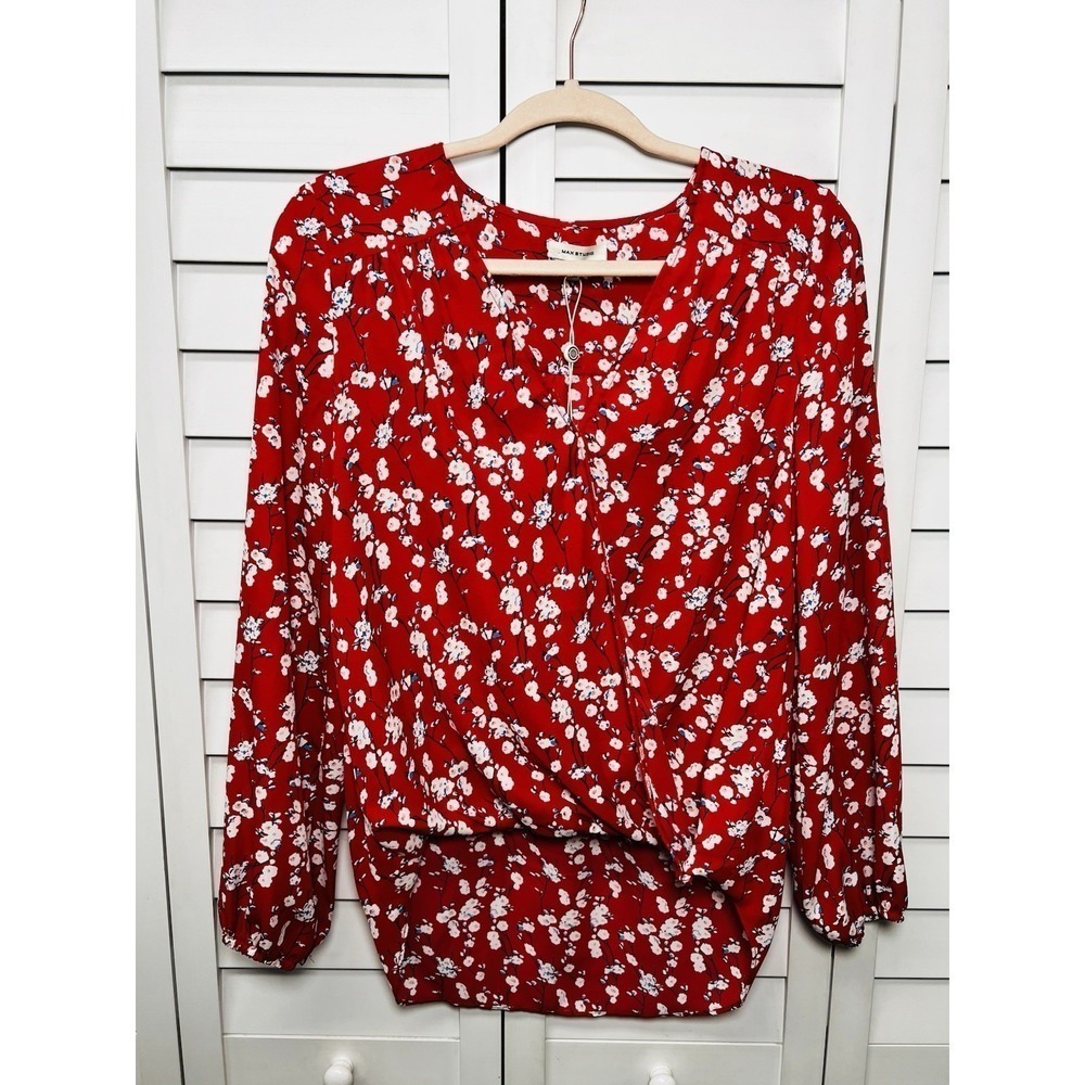 Max Studio Ditsy Floral Long Sleeve V-Neck Blouson Top Women's Size Small NWT